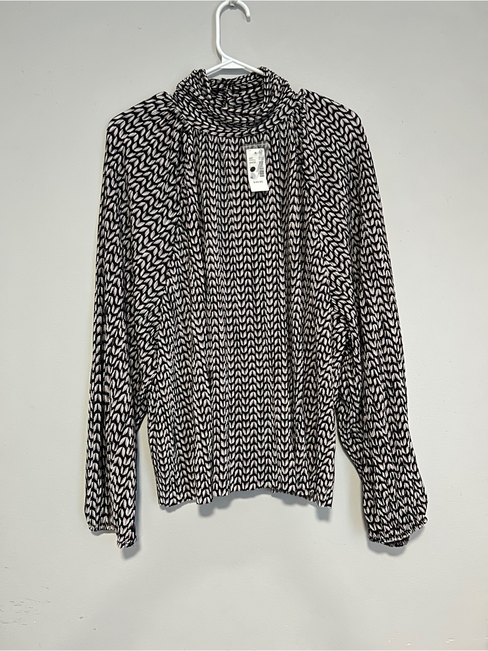Women's Black & White Patterned Mock Neck Blouse
